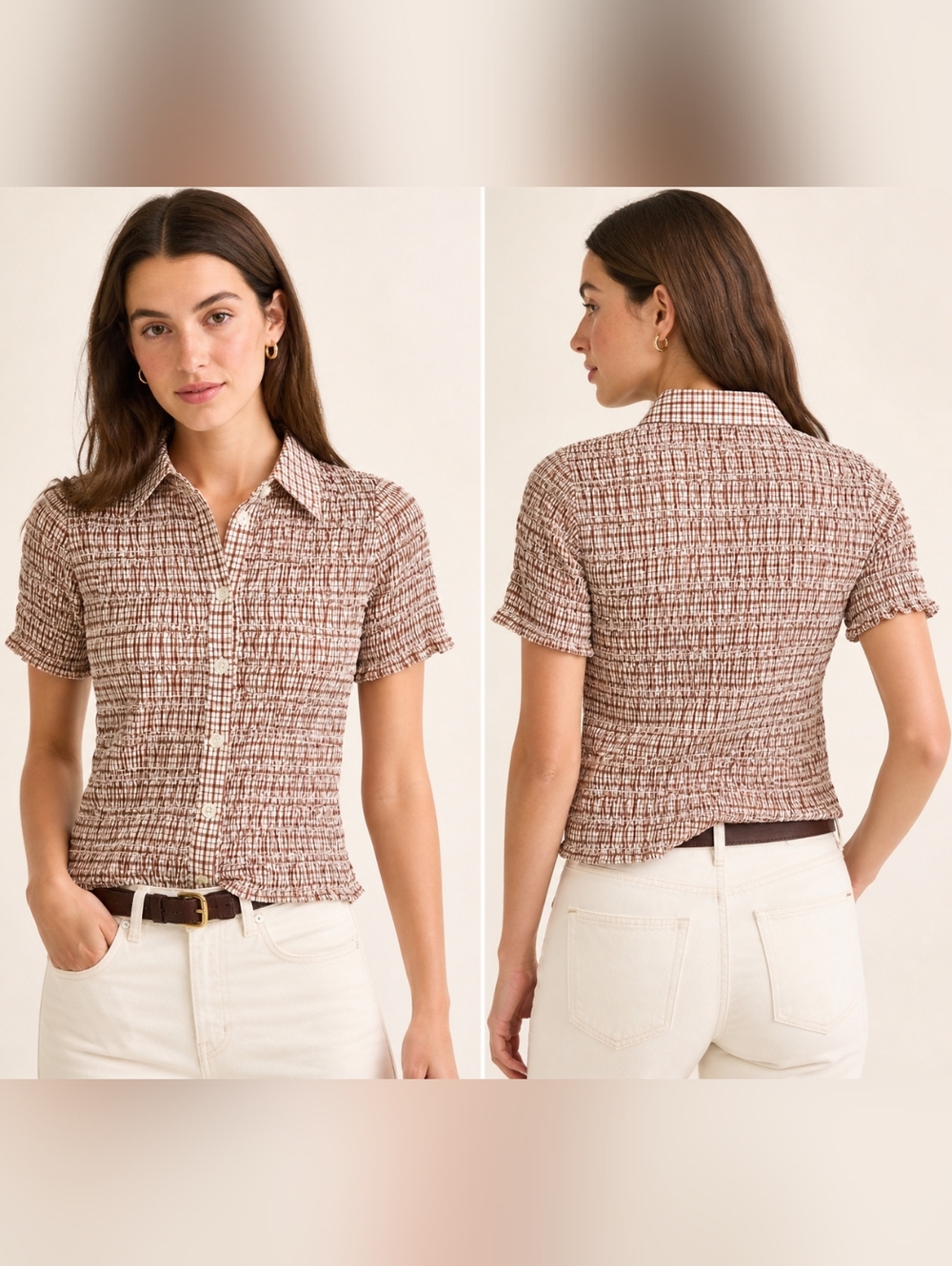 J.Crew Smocked Gingham Button Shirt Cotton Voile Top XS